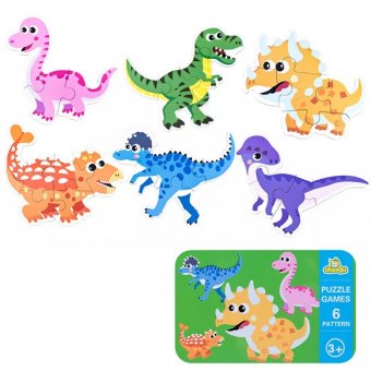 Set 6 puzzle in cutie metalica-  Dinozauri