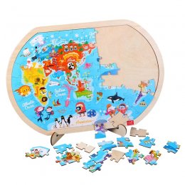 Puzzle Harta lumii din lemn cu 80 de piese si suport