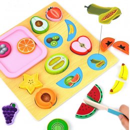 Puzzle lemn cu magnet- Fructe de feliat cu tocator